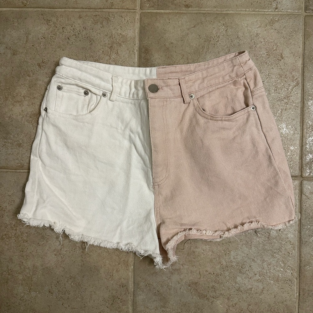 Papermoon White and Pink Jean Shorts with Distressed Hem